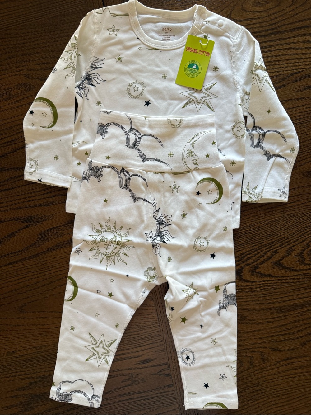Organic Cotton Kids Pajamas – White with Green Moon & Star Print